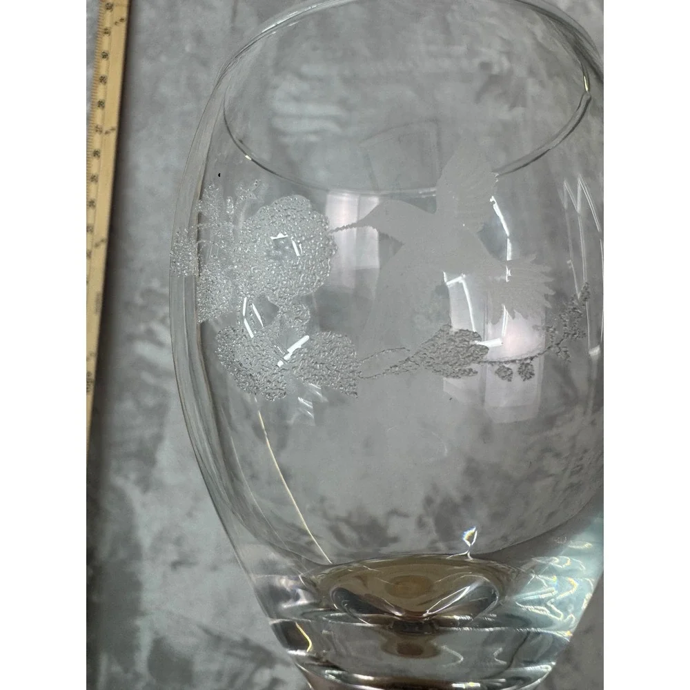 Set of 2 Etched Hummingbird Wine Glasses Clear Frosted Floral Stemware 7 inch